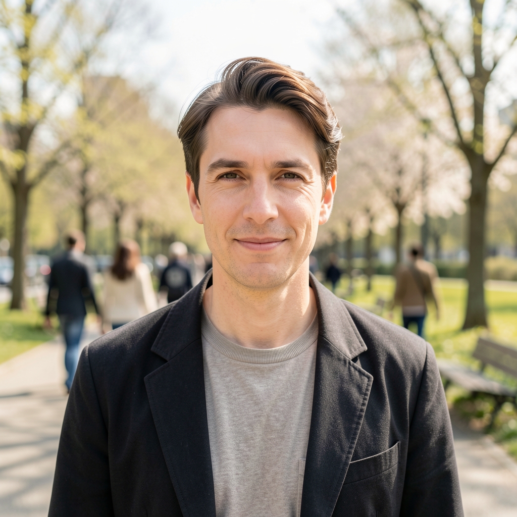 Weitwinkelaufnahme von Personen beim ruhigen Spazierengehen in einer hellen, urbanen Parkanlage im Frühling, keine Gesichter in Großaufnahme, dokumentarischer Stil