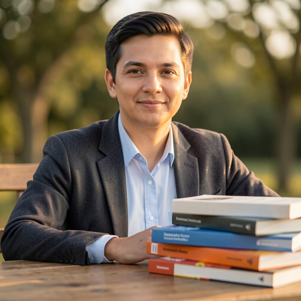 Geordnete Reihe von wissenschaftlichen Zeitschriften und Notizbüchern auf einem Holztisch, Draufsicht, sachliche Archivstimmung, warmes Tageslicht