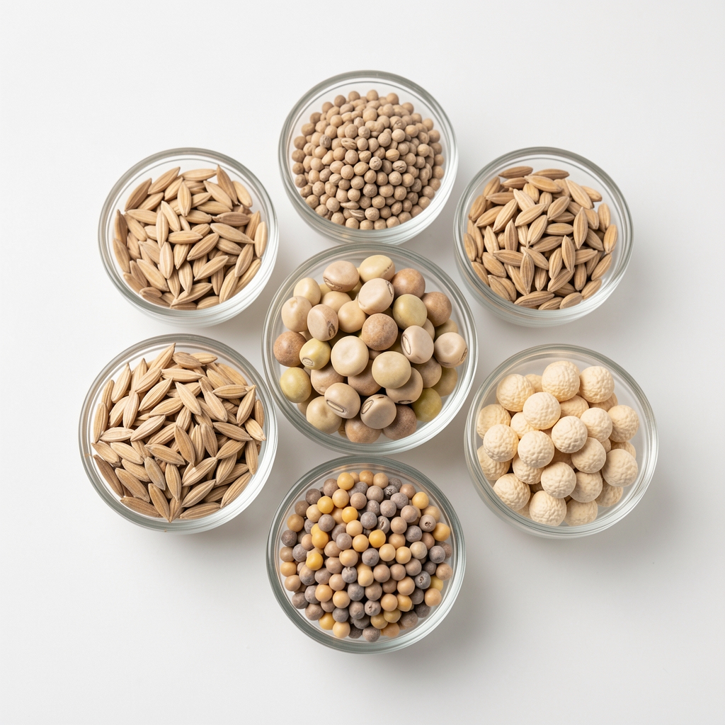 Nahaufnahme von Hülsenfrüchten und Getreidekörnern in kleinen Glasschälchen auf weißem Untergrund, sachliche Studiofotografie, Draufsicht