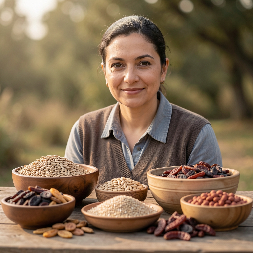Verschiedene traditionelle Speisen aus unterschiedlichen Kulturen auf kleinen Tellern nebeneinander arrangiert, Draufsicht, neutraler Untergrund, Studiofotografie