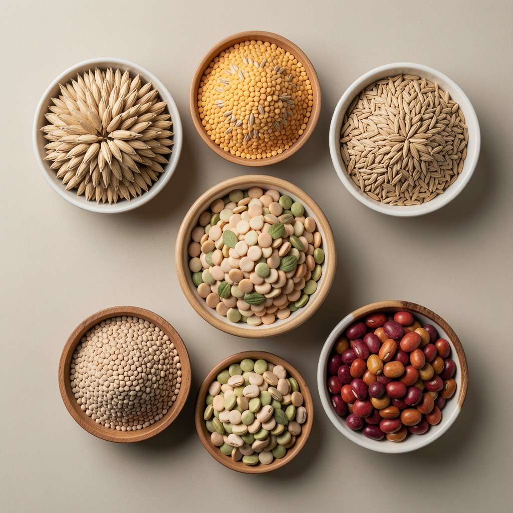 Verschiedene traditionelle Getreidesorten, Linsen und Hülsenfrüchte in kleinen Schälchen auf neutralem Untergrund, Draufsicht, sachliche Dokumentarfotografie